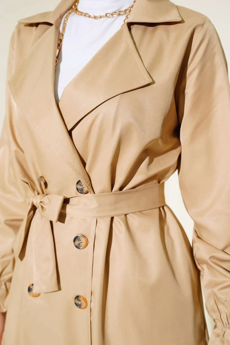 Belted Trench Coat with Elastic Wrists Beige