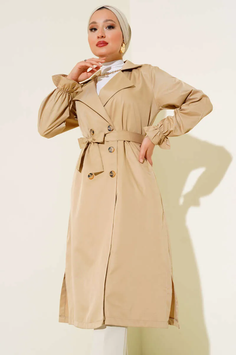 Belted Trench Coat with Elastic Wrists Beige