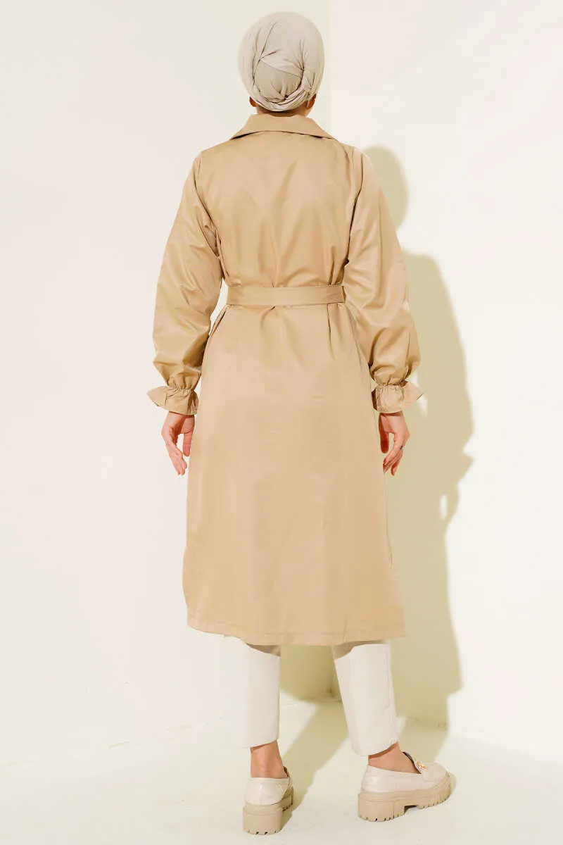 Belted Trench Coat with Elastic Wrists Beige