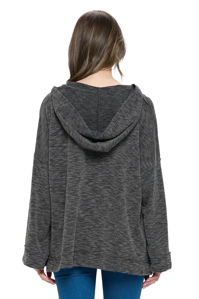 Charcoal Hoodie Ribbed Raw Loose Fit