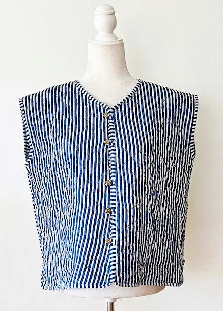 Designer Handmade Patchwork Vest In Navy. Fully Reversible Stripe.
