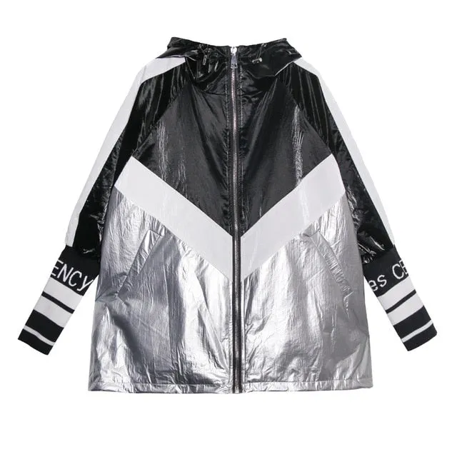 [EAM] Women Letter Printed Big Size Trench New Hooded Long Sleeve Loose Fit Windbreaker Fashion Tide Spring Autumn 2020 1Z612