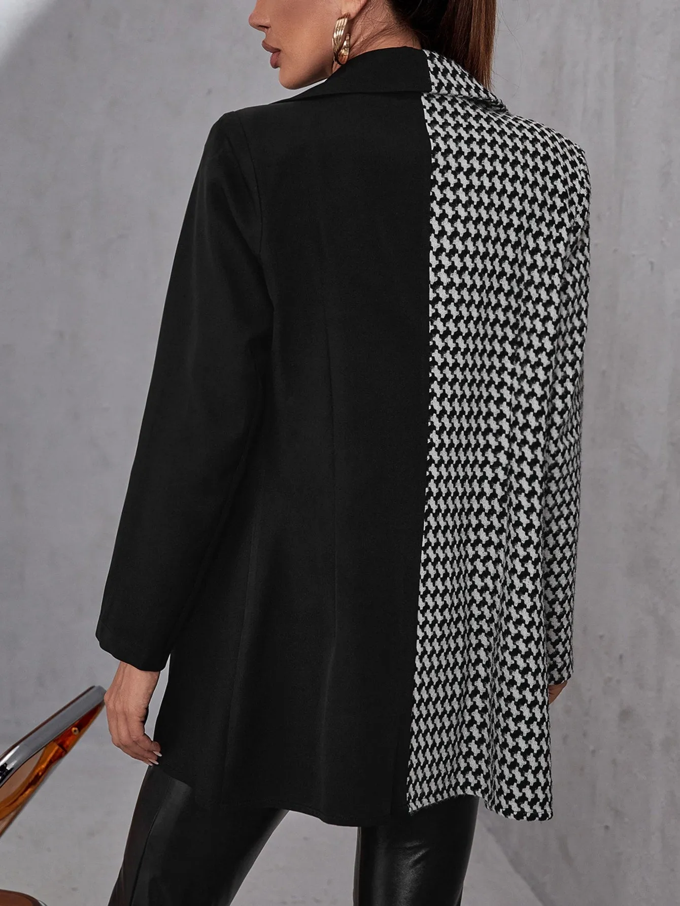 Elegant Houndstooth Double Button Long Sleeve Lapel Long Women Blazer