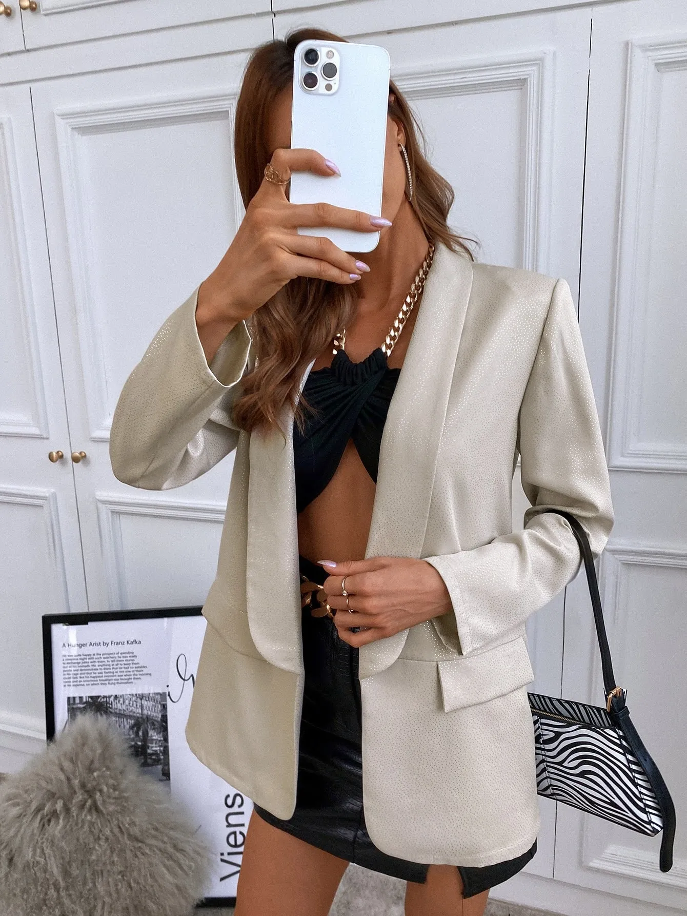 Elegant Plain Fake Pockets Long Sleeve Shawl Collar Long Women Blazer