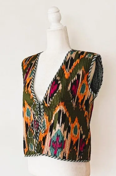 Ikat Fashion Vest With Striped Piping and Tie.  Fully Reversible.