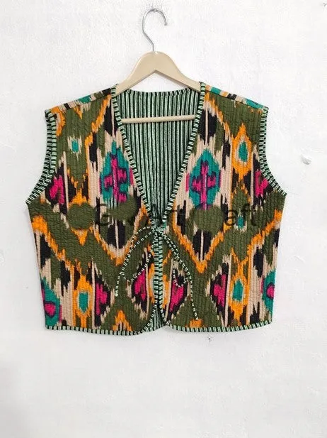 Ikat Fashion Vest With Striped Piping and Tie.  Fully Reversible.