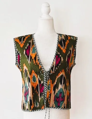 Ikat Fashion Vest With Striped Piping and Tie.  Fully Reversible.