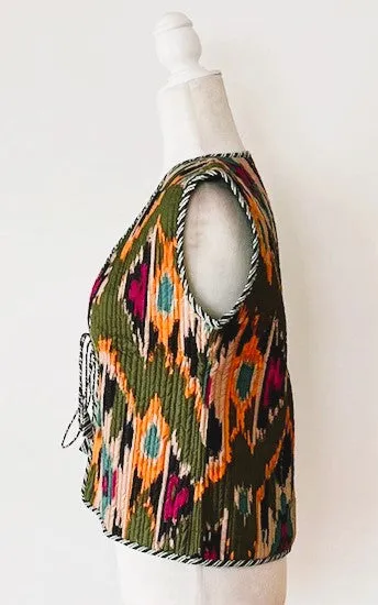 Ikat Fashion Vest With Striped Piping and Tie.  Fully Reversible.