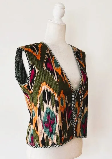 Ikat Fashion Vest With Striped Piping and Tie.  Fully Reversible.
