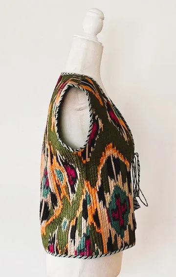 Ikat Fashion Vest With Striped Piping and Tie.  Fully Reversible.