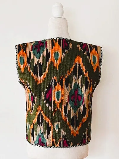 Ikat Fashion Vest With Striped Piping and Tie.  Fully Reversible.