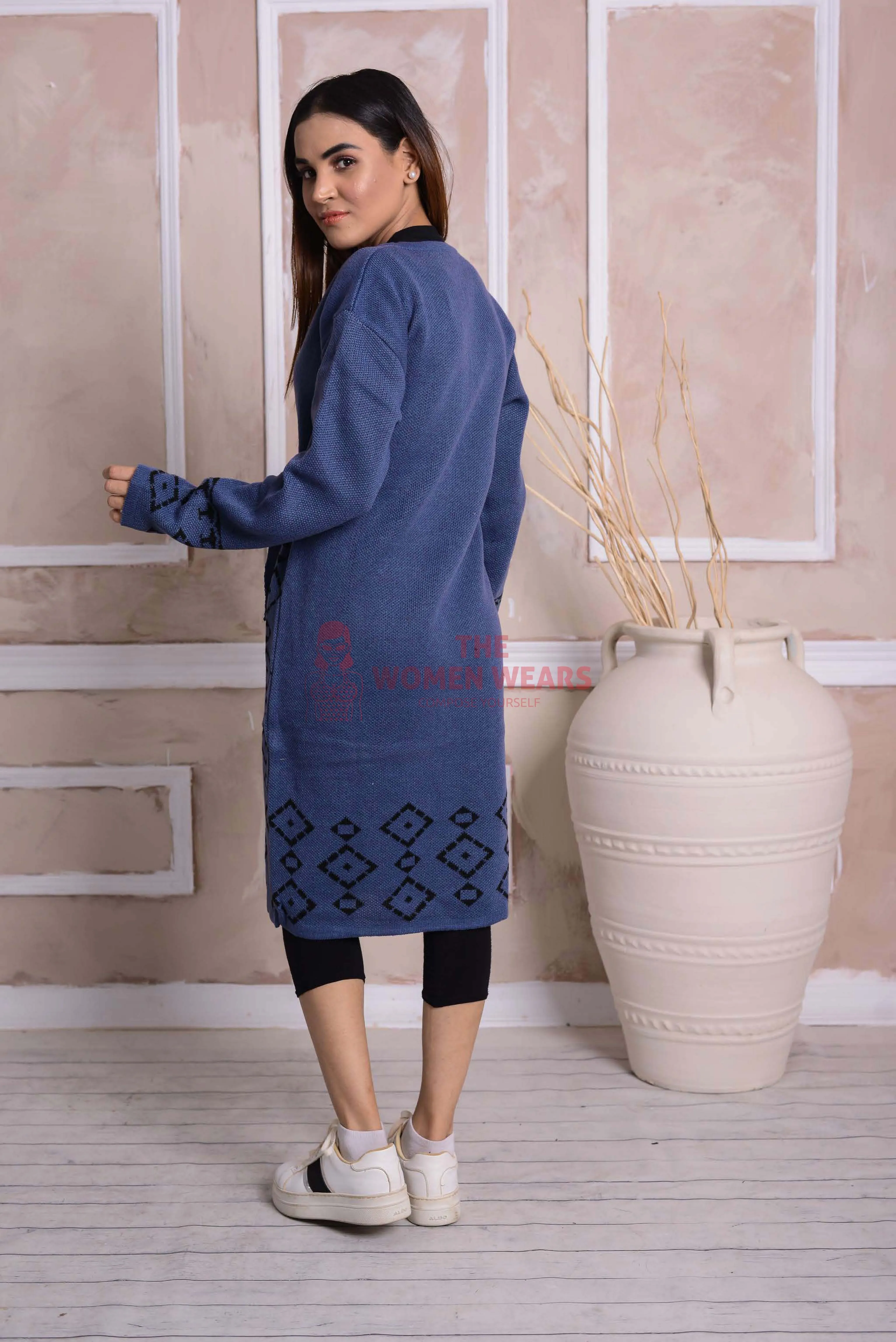 Imported Front Open Dusky Blue Cozy Belted Cardigan Sweater - (CGN09)