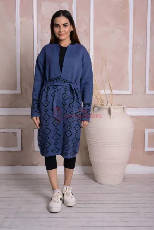 Imported Front Open Dusky Blue Cozy Belted Cardigan Sweater - (CGN09)