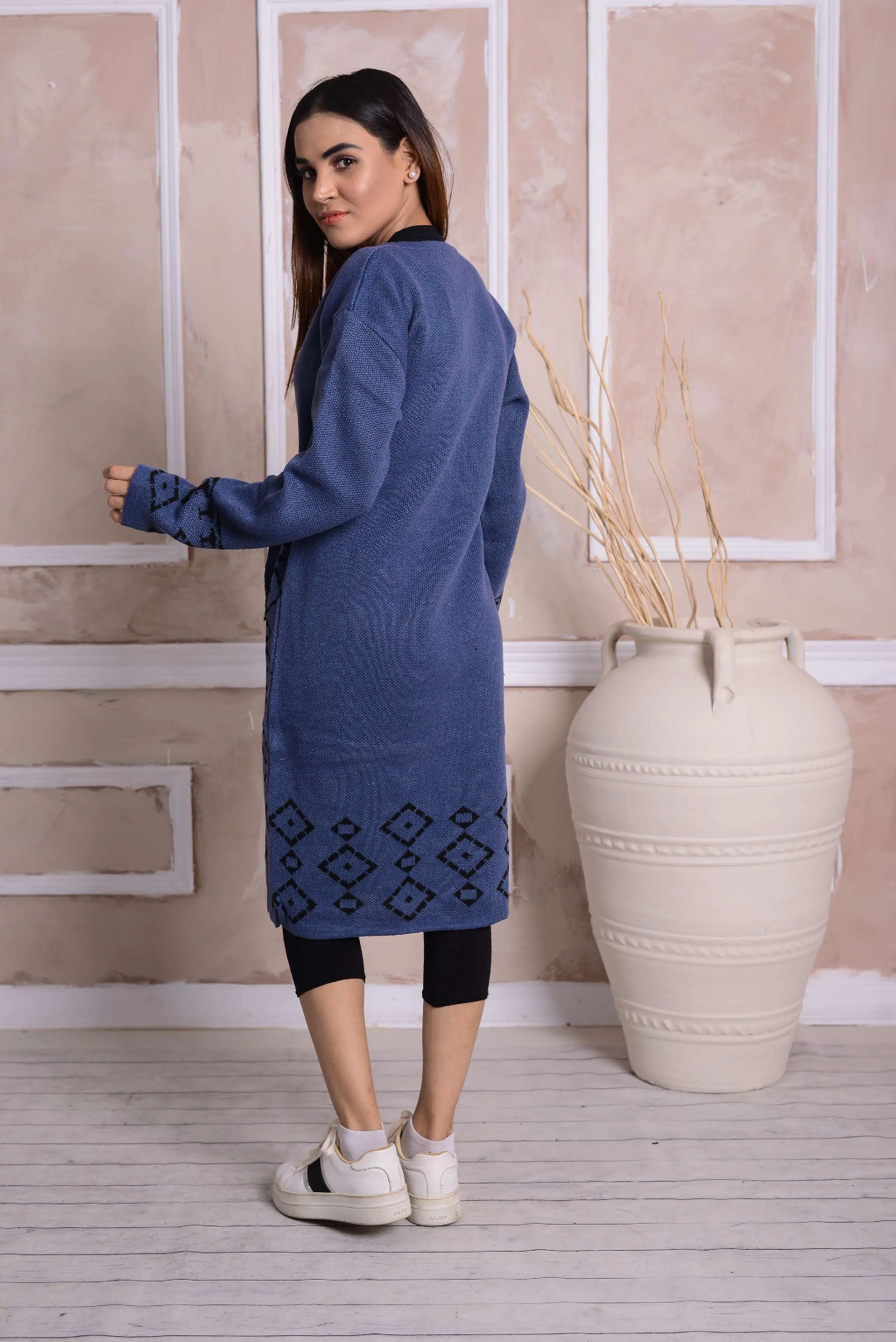 Imported Front Open Dusky Blue Cozy Belted Cardigan Sweater - DD(CGN09)