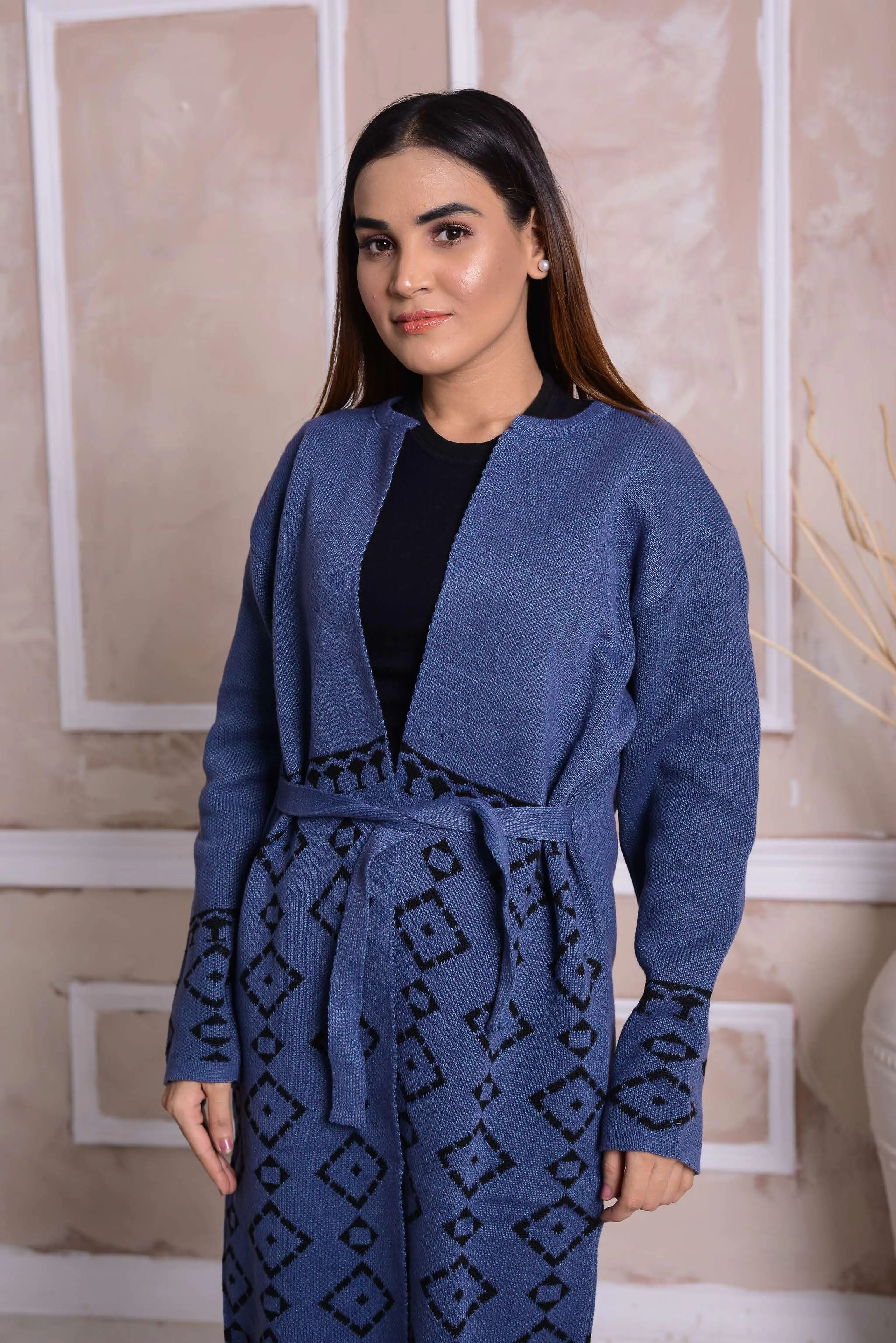 Imported Front Open Dusky Blue Cozy Belted Cardigan Sweater - DD(CGN09)