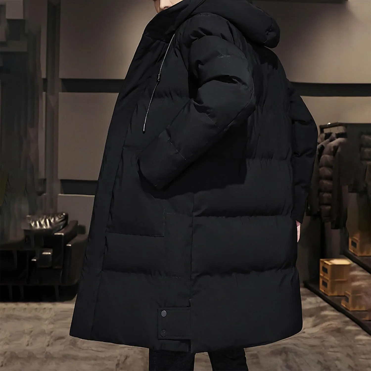 lcziwo Men's Long Puffer Jacket Plus Size Drawstring Hooded Quilted Coats Zip up Heavy Warm Parka Cotton Padded Overcoat