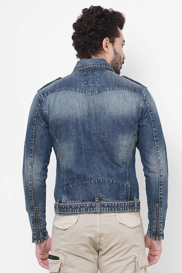 Med Blue Full Sleeve Denim Zipper Jacket