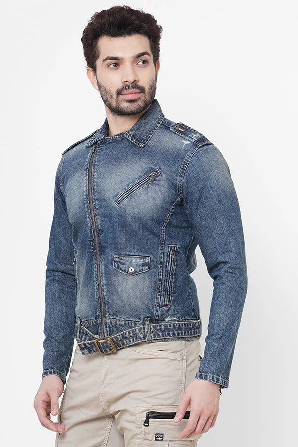 Med Blue Full Sleeve Denim Zipper Jacket