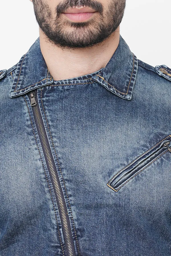 Med Blue Full Sleeve Denim Zipper Jacket