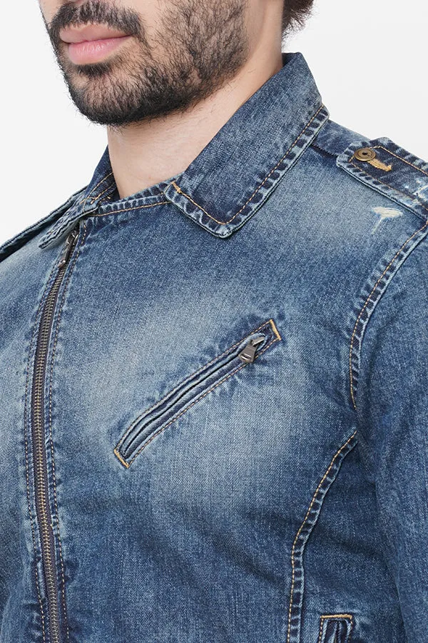 Med Blue Full Sleeve Denim Zipper Jacket