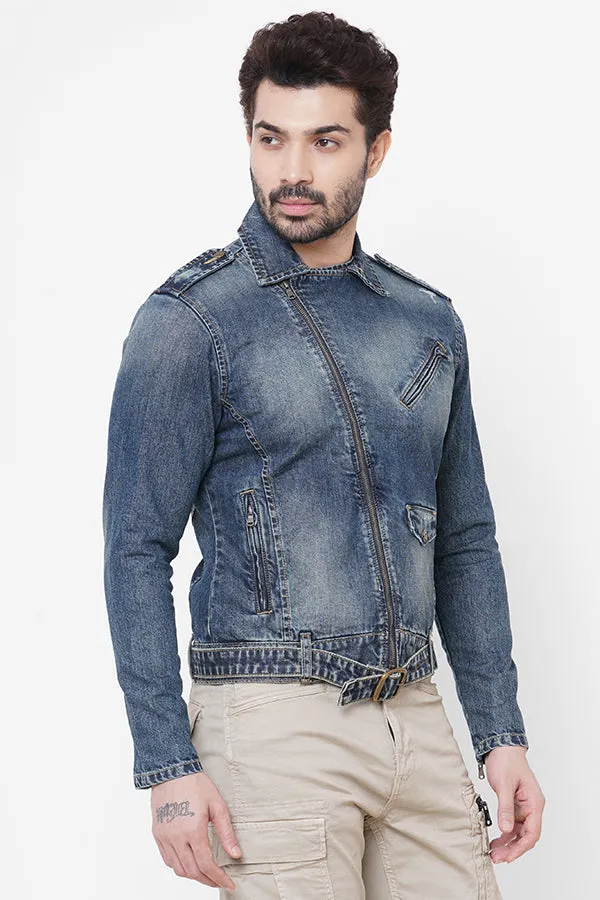 Med Blue Full Sleeve Denim Zipper Jacket