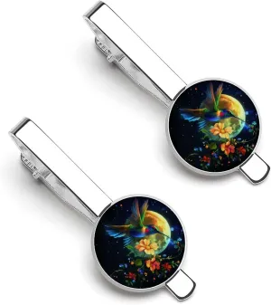 Moonlit Hummingbird Floral Men's Tie Clips Classic Silver Tack Pins Shirt Cufflinks Suit Accessories for Business Wedding Anniversary
