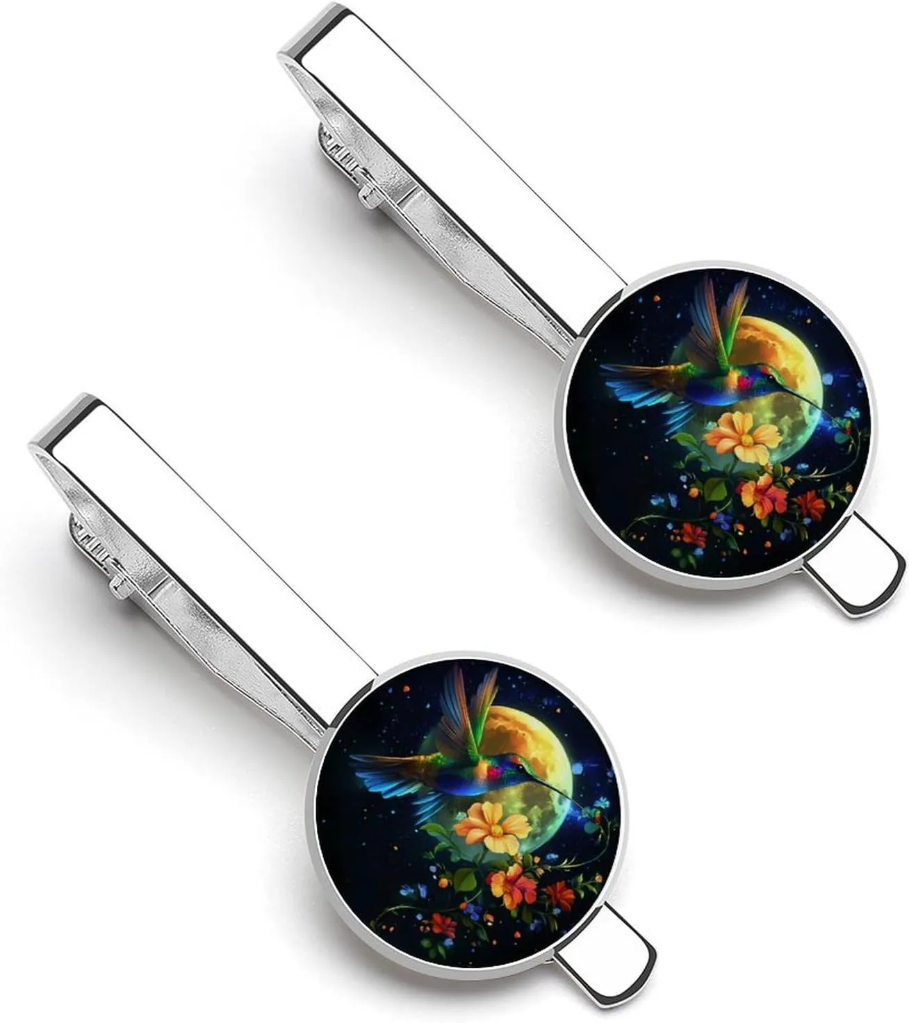Moonlit Hummingbird Floral Men's Tie Clips Classic Silver Tack Pins Shirt Cufflinks Suit Accessories for Business Wedding Anniversary