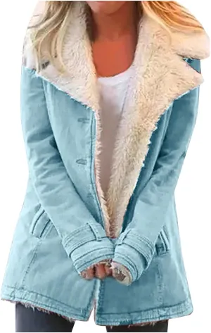 QWENTMTNTY Winter Coats for Women Fleece Lined Plus Size Sherpa Jacket Fashion Lapel Thicken Coat Thermal Outerwear Pockets