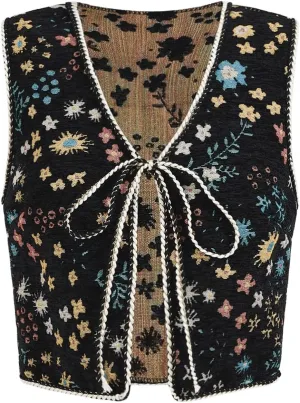 SweatyRocks Women's Floral Print V Neck Vest Tie Front Sleeveless Boho Vests Tops