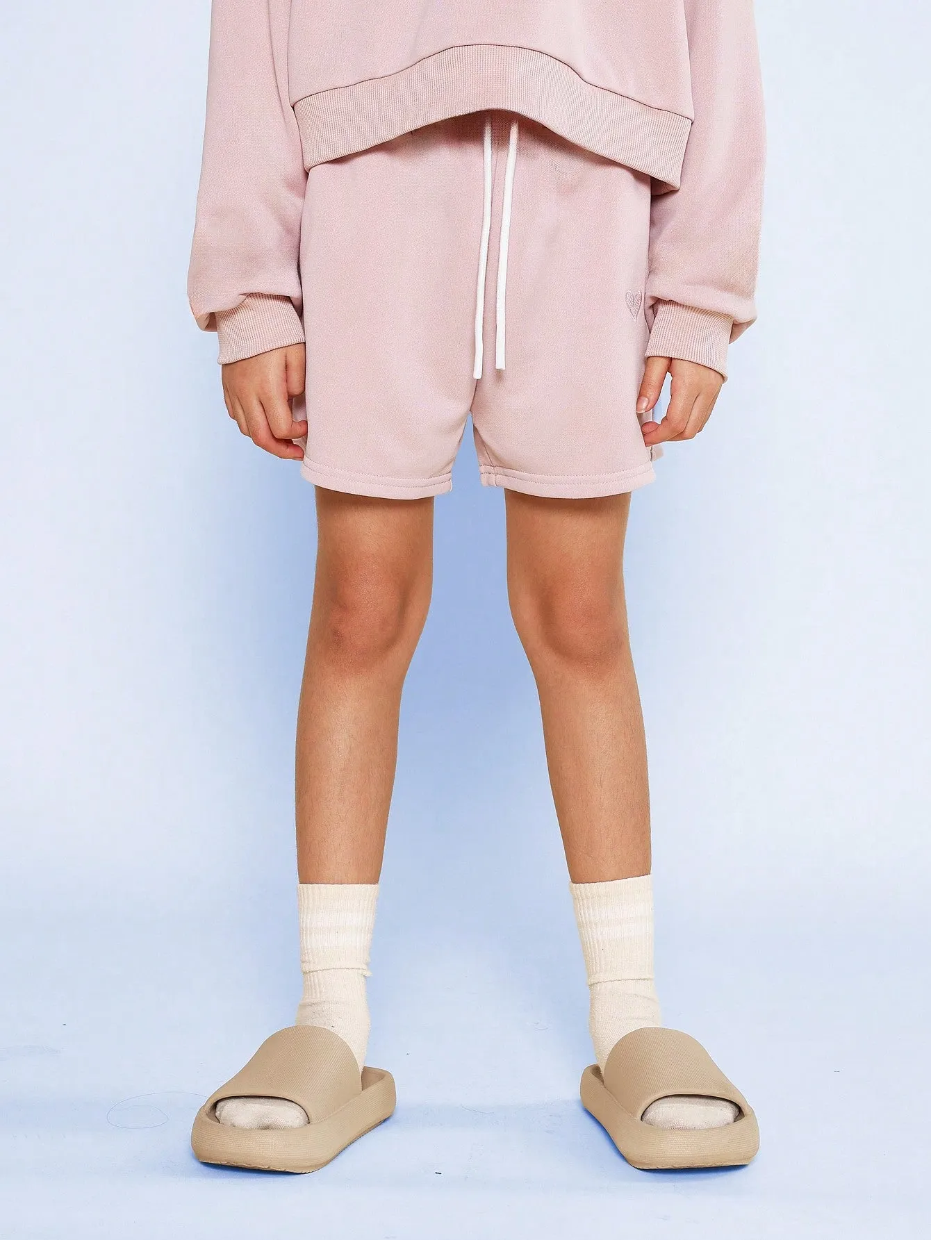 Tween Girls Funnel Neck Half Zip Essential Sweatshirt And Short With Hear Embroidered Design