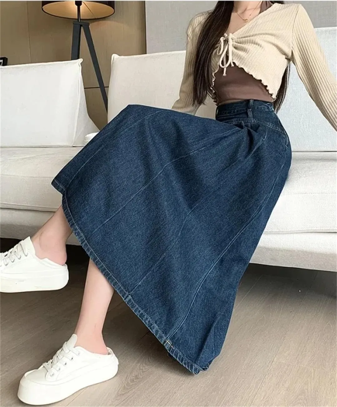 Women Straight Pleated Jeans Skirts Spring Autumn High Waist Long Washing Ladies Loose Denim Midi Skirts