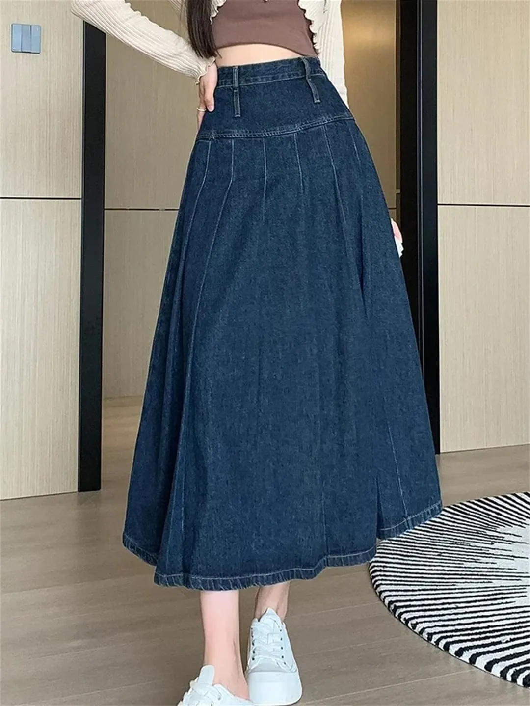 Women Straight Pleated Jeans Skirts Spring Autumn High Waist Long Washing Ladies Loose Denim Midi Skirts