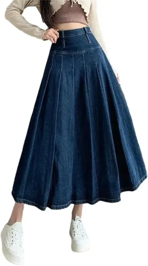 Women Straight Pleated Jeans Skirts Spring Autumn High Waist Long Washing Ladies Loose Denim Midi Skirts