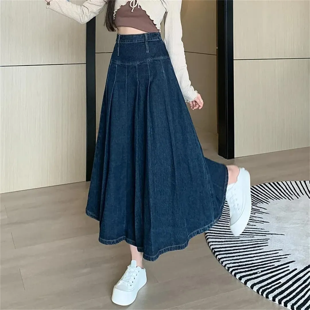 Women Straight Pleated Jeans Skirts Spring Autumn High Waist Long Washing Ladies Loose Denim Midi Skirts