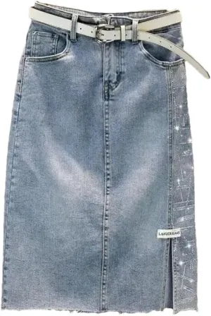 Women's Denim Skirt Hot Drill Midi with Slit Female Jeans Skirts Offer Aesthetic Elegant Skirts