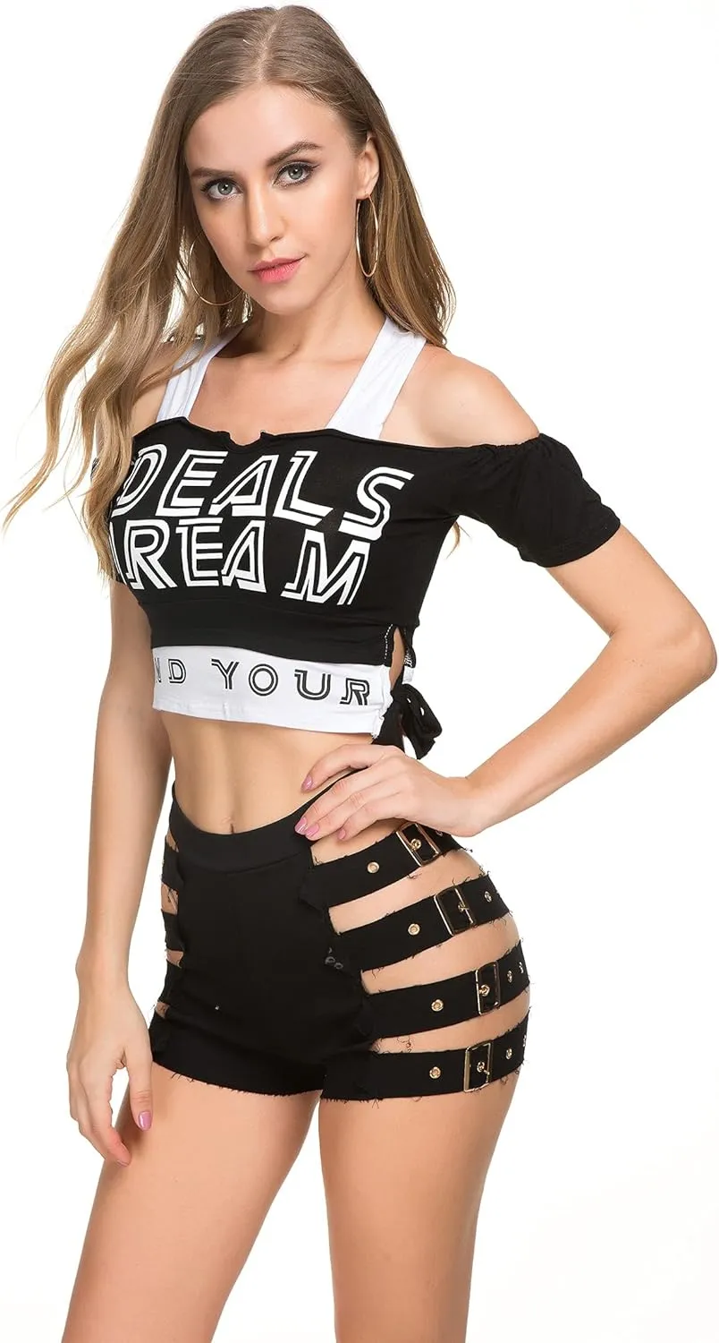 Women's High Waist Denim Shorts Sexy Gothic Punk Dance Shorts Metal Buckle Short Pants