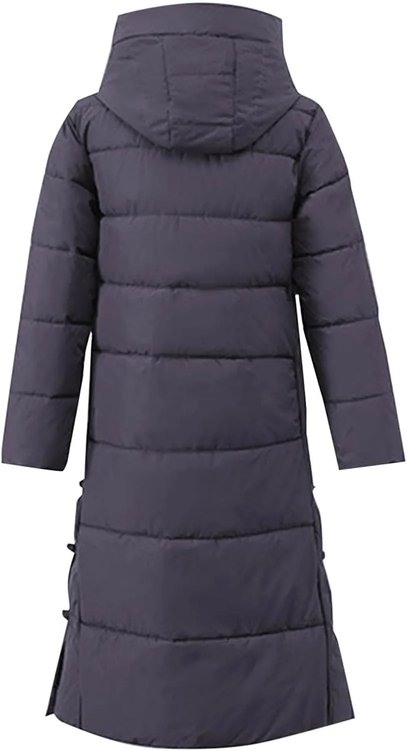 Women's Long Puffer Jacket Casual Solid Maxi Length Hooded Long Sleeve Warm Cotton Padded Coat Quilted Outwear