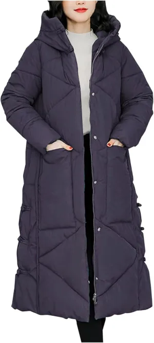 Women's Long Puffer Jacket Casual Solid Maxi Length Hooded Long Sleeve Warm Cotton Padded Coat Quilted Outwear