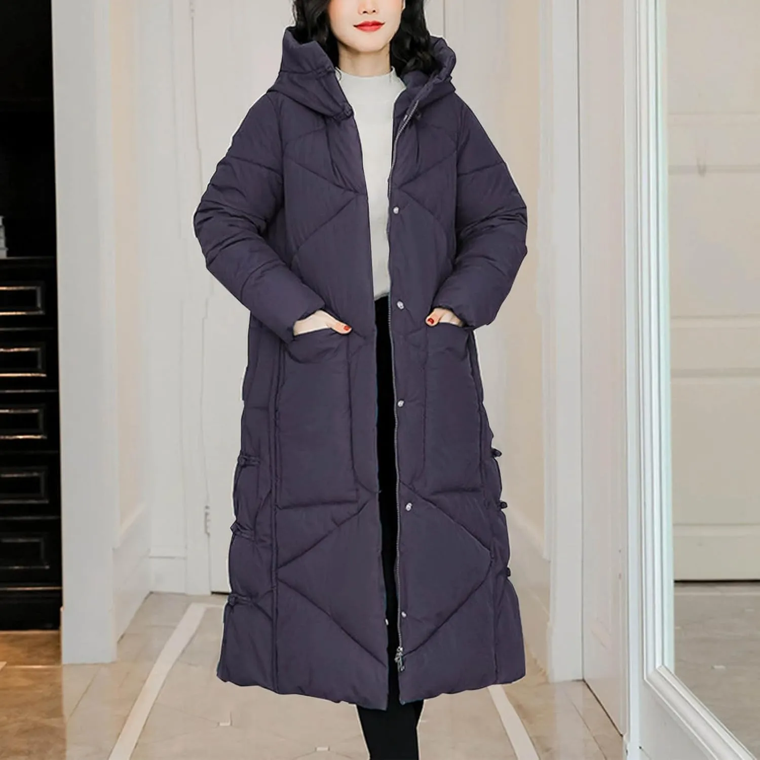 Women's Long Puffer Jacket Casual Solid Maxi Length Hooded Long Sleeve Warm Cotton Padded Coat Quilted Outwear