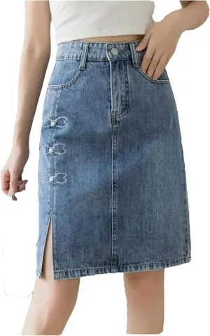 Women's Summer Slit Denim Skirt Midi A Line Jeans Skirts with Pocket